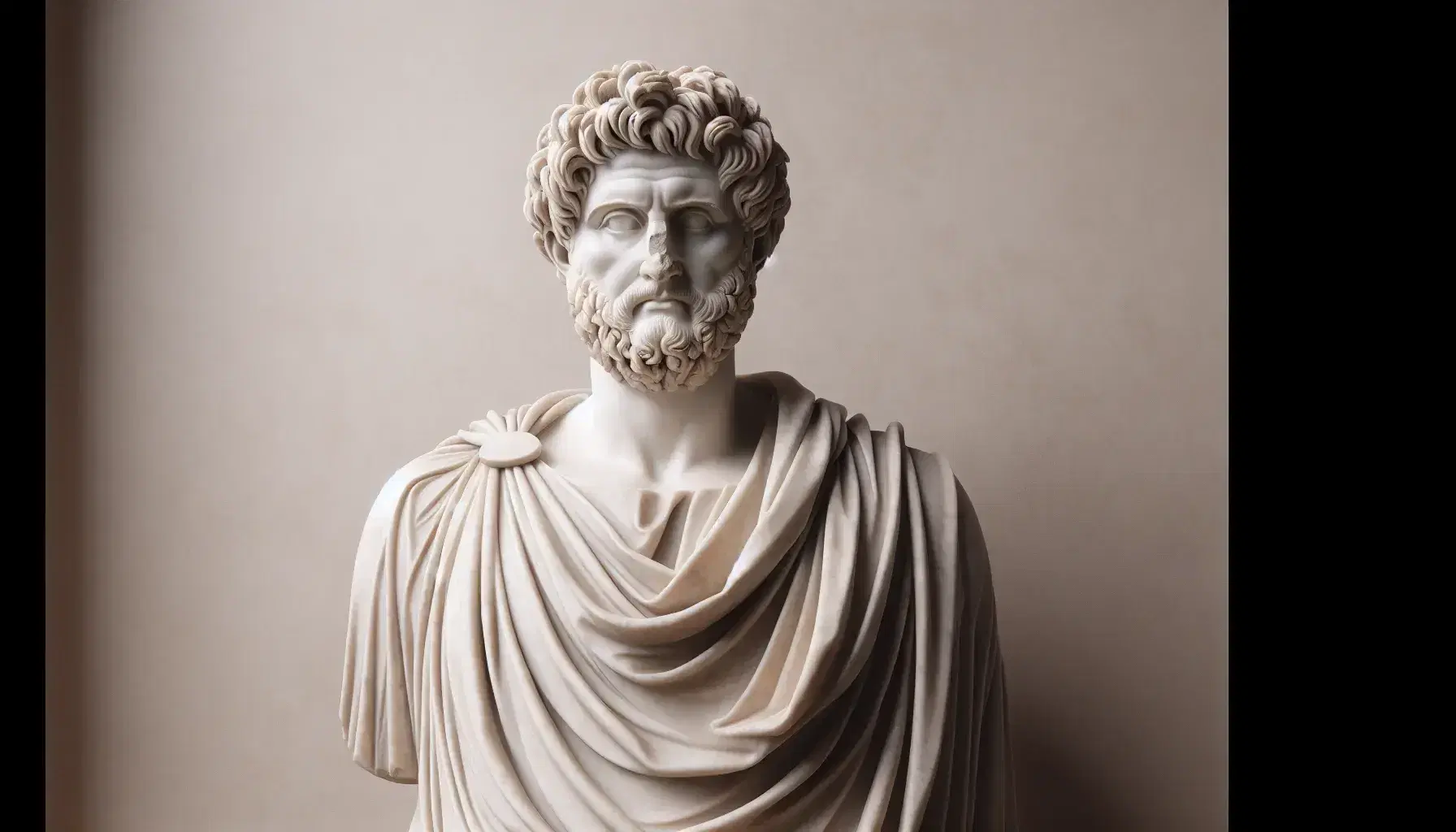 Statua in marmo bianco di filosofo stoico con toga, in posa pensierosa, che tiene un rotolo, su sfondo neutro.