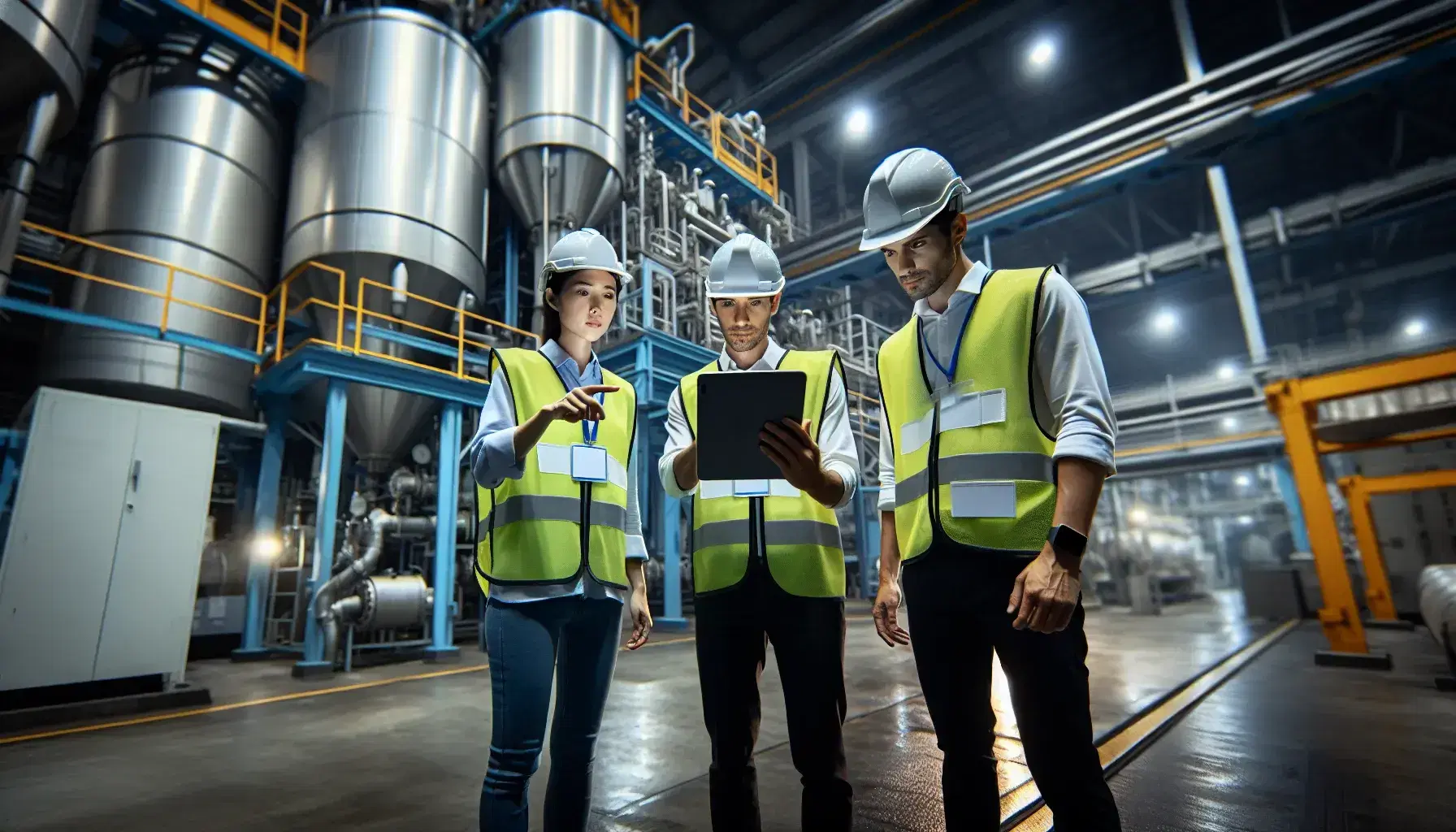 Tres profesionales con cascos y chalecos reflectantes analizan datos en una tableta electrónica en una planta industrial con maquinaria pesada.