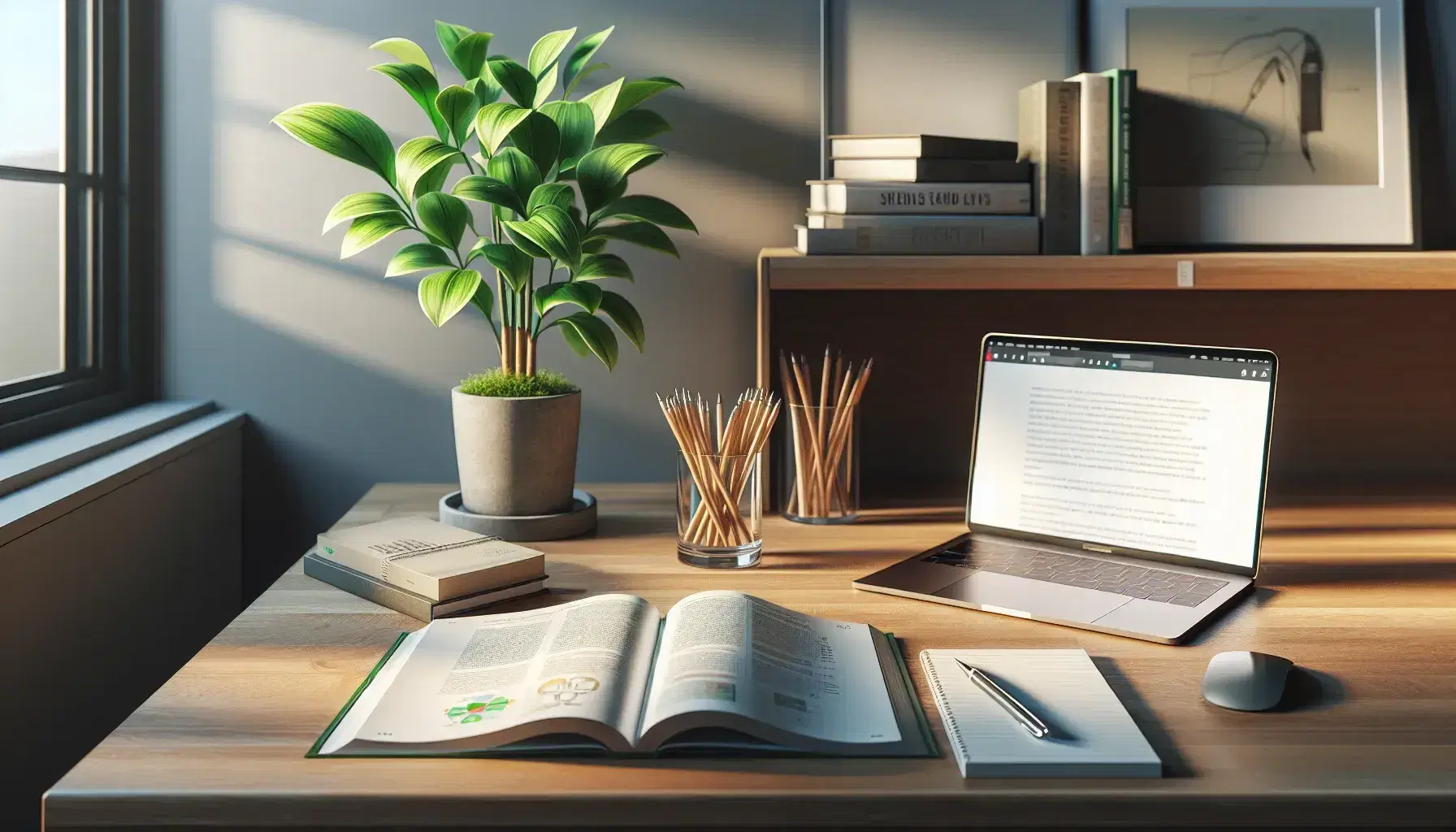 Peaceful study environment with wooden desk, open book, notebook with pen, green plant and closed laptop, warm lighting.
