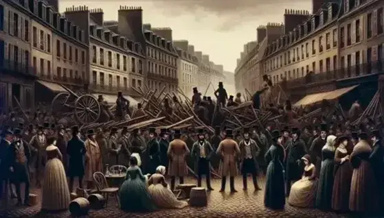 19th century Parisian street scene during the July Monarchy, with people near a barricade and typical buildings in the background.