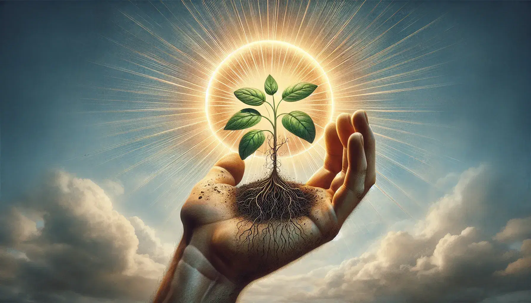 Mano umana che sostiene una giovane pianta verde con radici e terra sotto i raggi del sole parzialmente nascosto da una nuvola.
