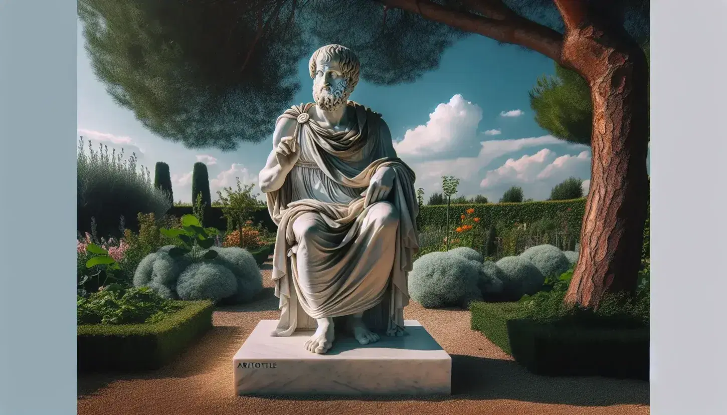 Estatua de mármol blanco de Aristóteles con túnica, mano derecha alzada, en jardín con flores coloridas, árbol frondoso y cielo azul.