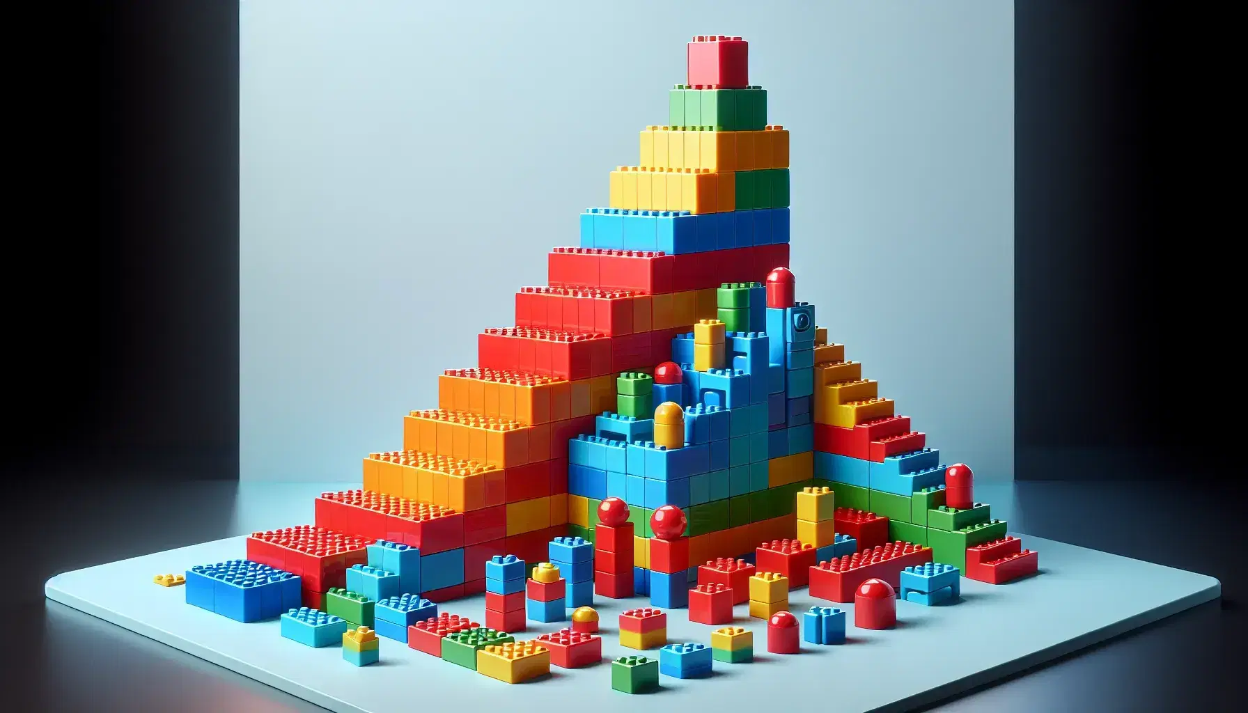 Bloques de construcción de plástico coloridos en forma de torre con base roja y bloques geométricos apilados en secuencia ascendente sobre fondo neutro.