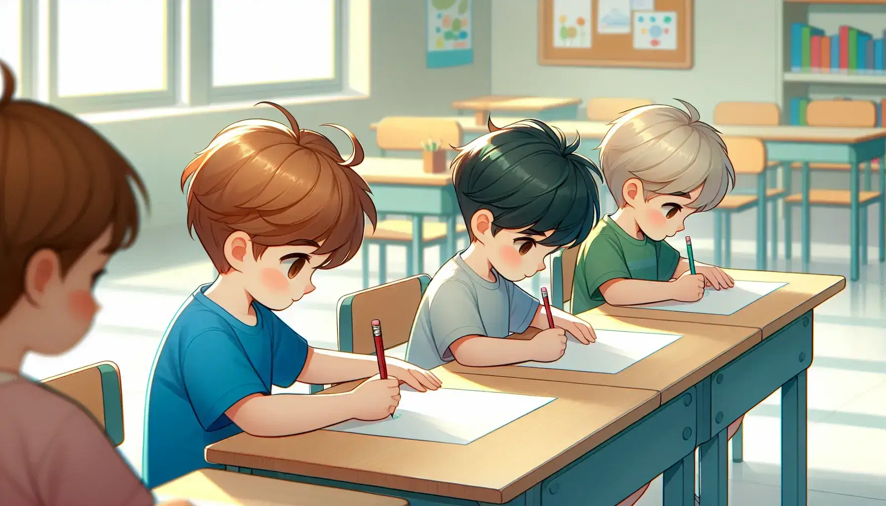 Tre bambini concentrati disegnano con pastelli colorati su fogli bianchi in una luminosa aula scolastica con libri sullo sfondo.