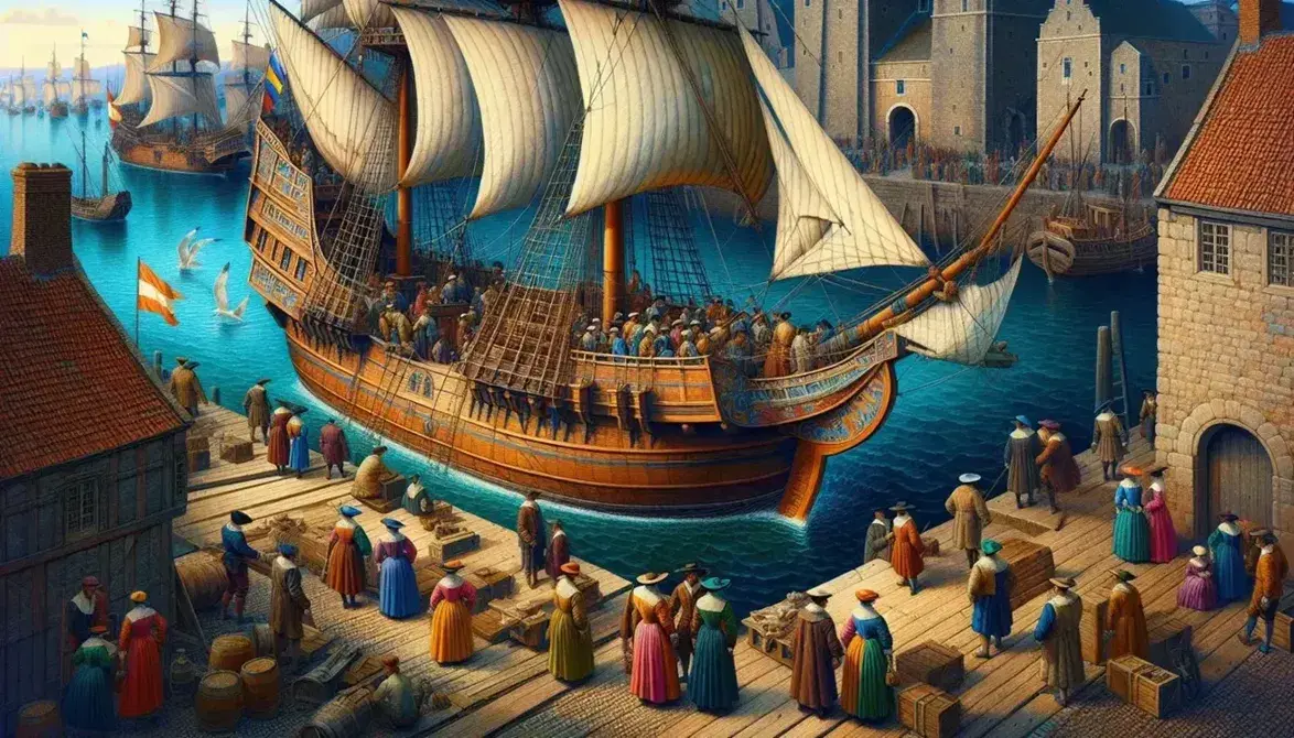 Caravella in legno con vele spiegate attraccata in porto, figure in abiti d'epoca su molo, città con tetti rossi e gabbiani in primo piano.