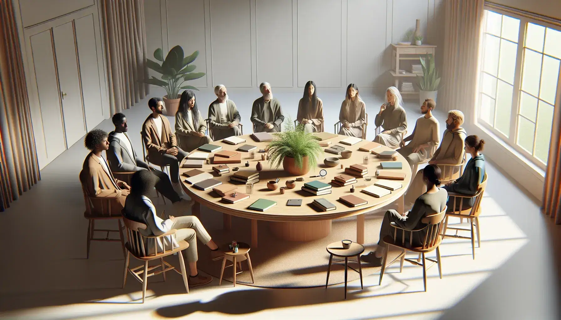 Grupo diverso de personas en animada discusión alrededor de una mesa redonda con herramientas de investigación en una sala iluminada naturalmente.