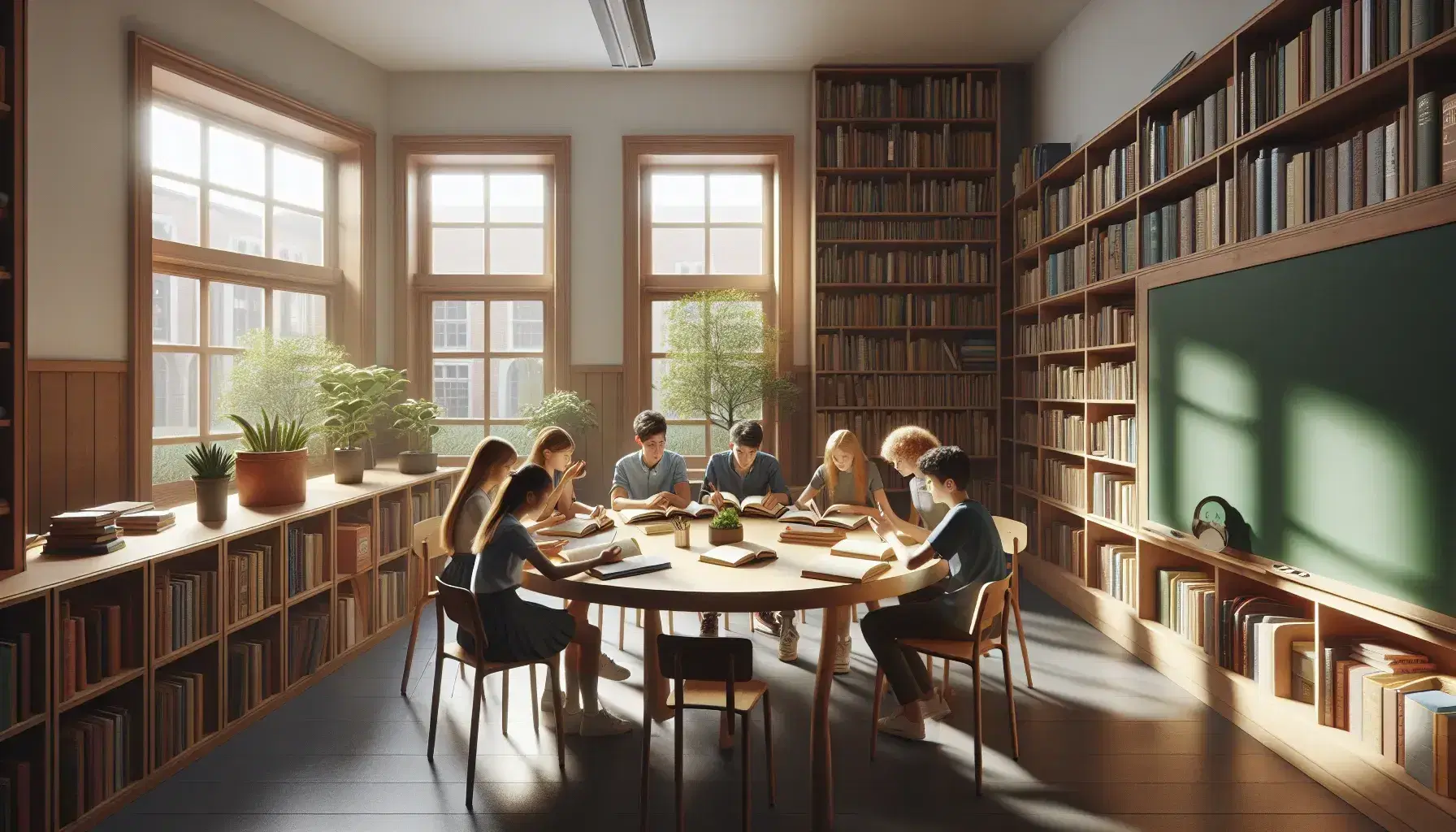 Aula escolar iluminada con estudiantes trabajando en grupo alrededor de una mesa redonda, estantería con libros y pizarra verde al fondo.