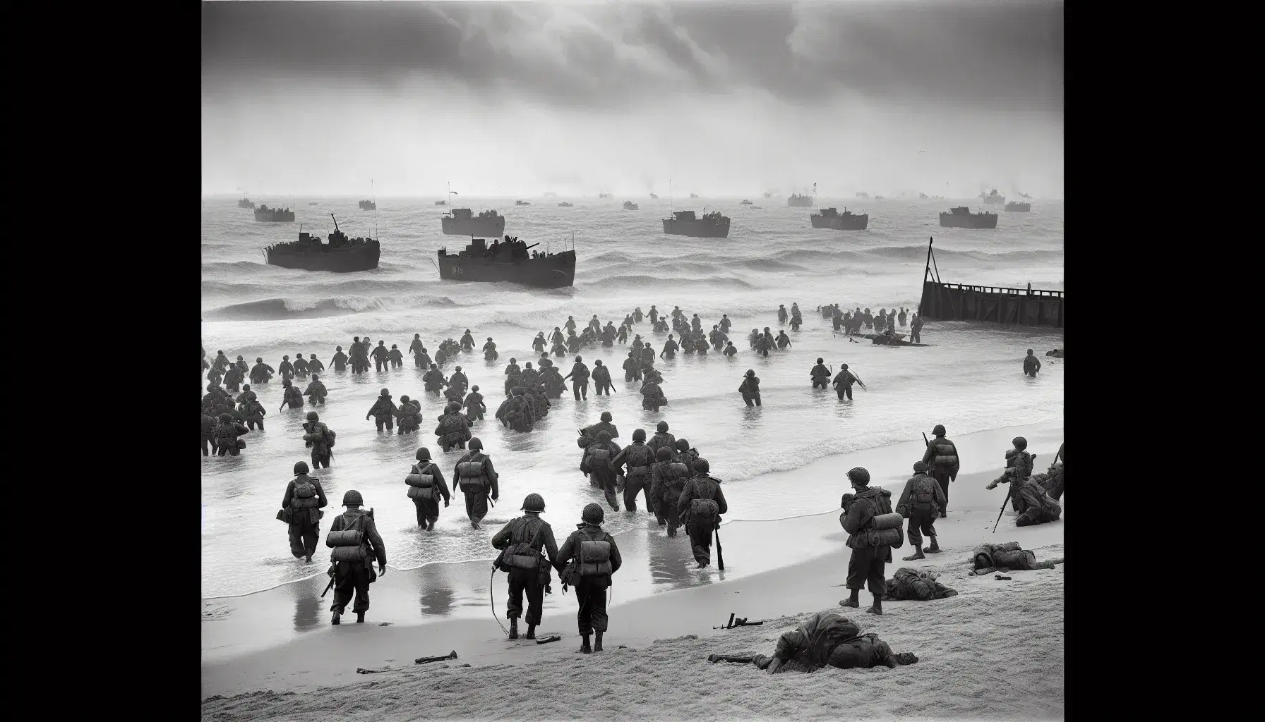 Soldati in uniforme avanzano su una spiaggia della Normandia durante lo sbarco in WWII, con mezzi da sbarco e onde agitate.