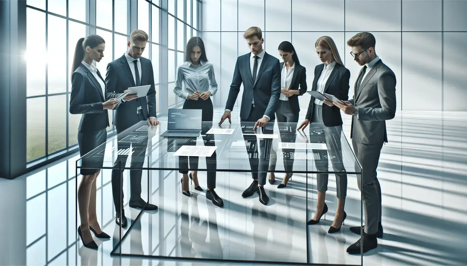 Grupo de cinco profesionales en reunión de trabajo en oficina moderna con mesa de vidrio, laptop, tablets y documentos, señalando y discutiendo estrategias bajo luz natural.