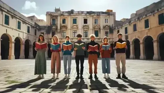 Grupo de cinco personas de pie en semicírculo con libros abiertos en una plaza adoquinada, frente a edificios antiguos, bajo un cielo despejado.