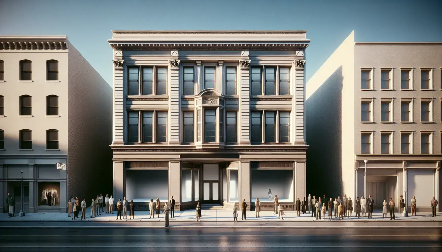 Large beige storefront with classic architecture dominates a street block, surrounded by a diverse group of onlookers under a clear blue sky.