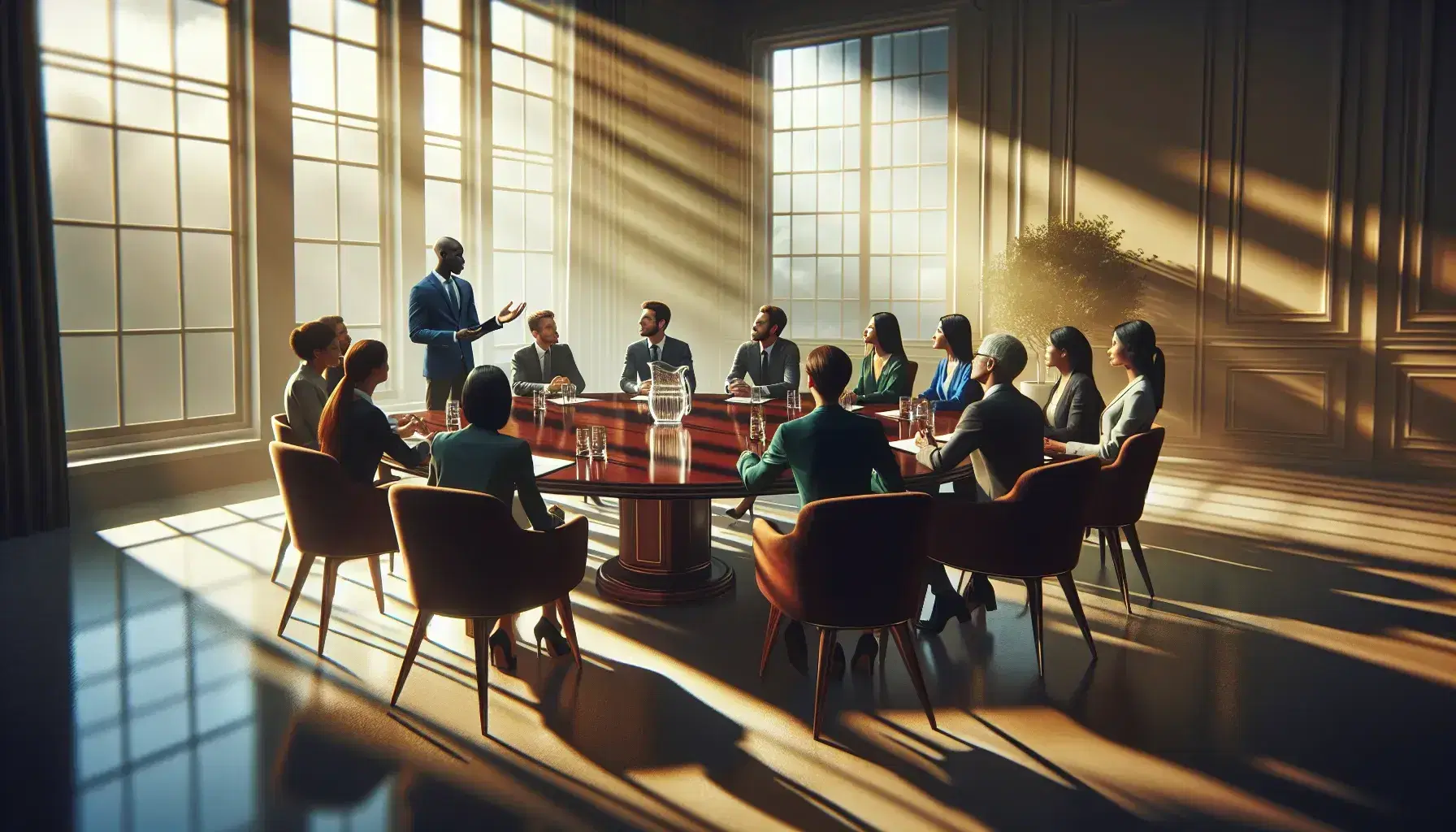 Multi-ethnic group sitting around a round table in a bright conference room, with one person standing presenting an idea.