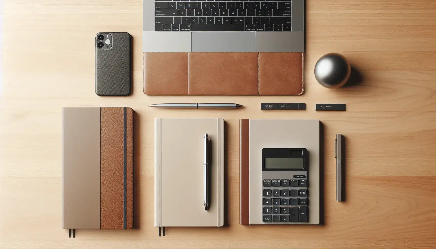 Modern office desk setup with a silver laptop, white calculator, stacked leather notebooks, black pen, glass sphere, green potted plant, and black-framed glasses.