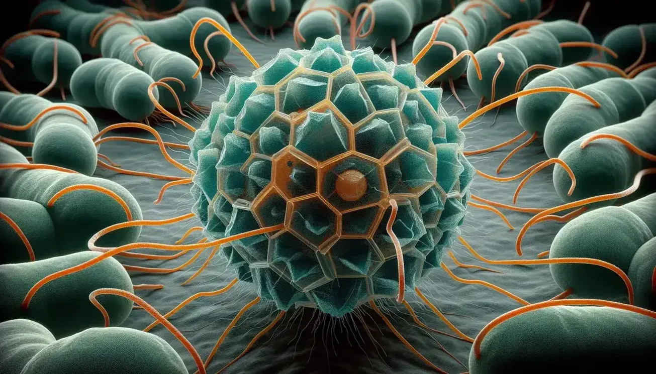 Detailed visualization of bacteriophages with icosahedral heads and orange tails attached to a textured green bacterium in a blurred aquatic background.