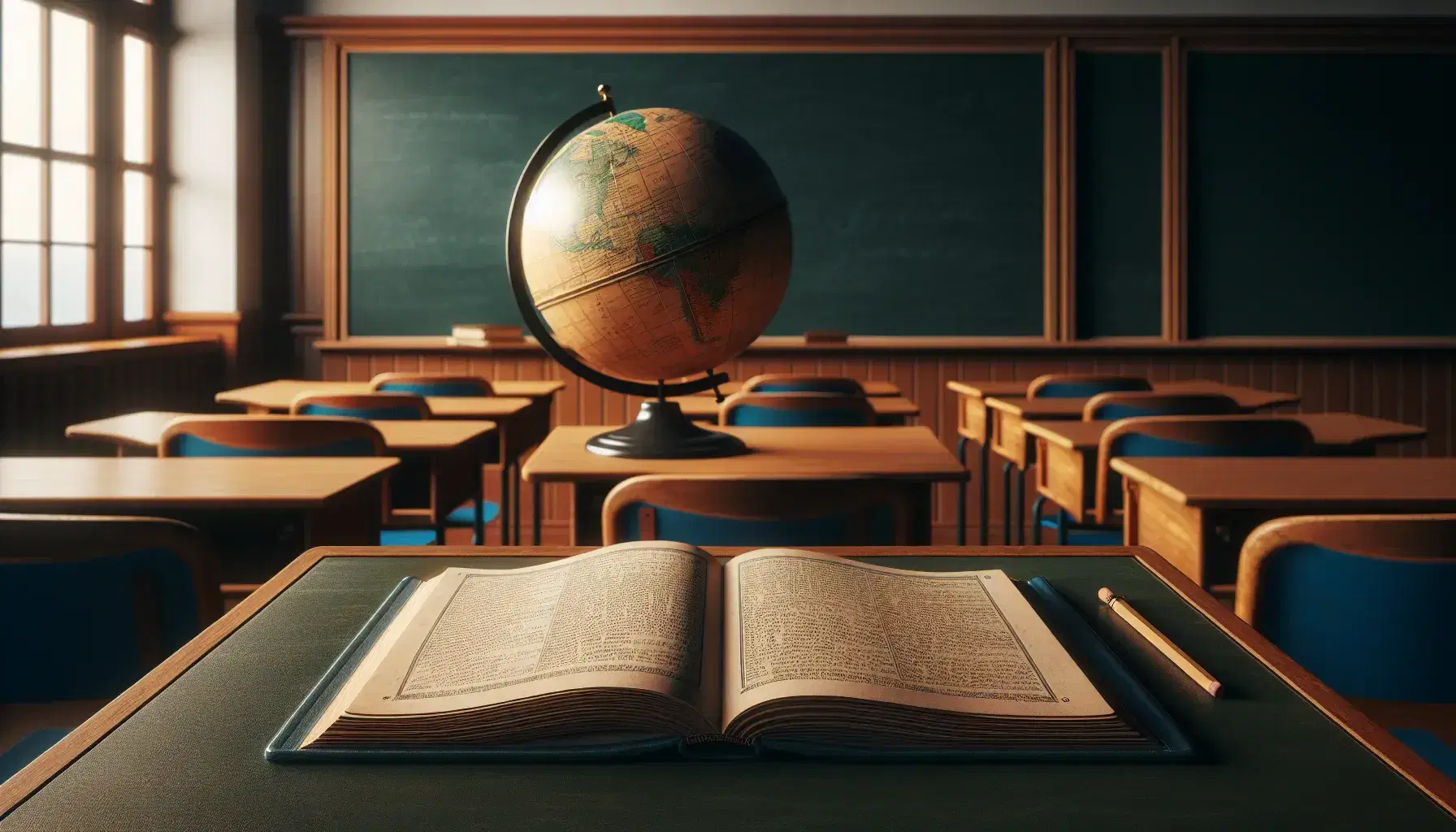 Traditional classroom with teacher's desk, open book, clean chalkboard, globe, student desks with notebooks and pencils, and a bare beige wall.