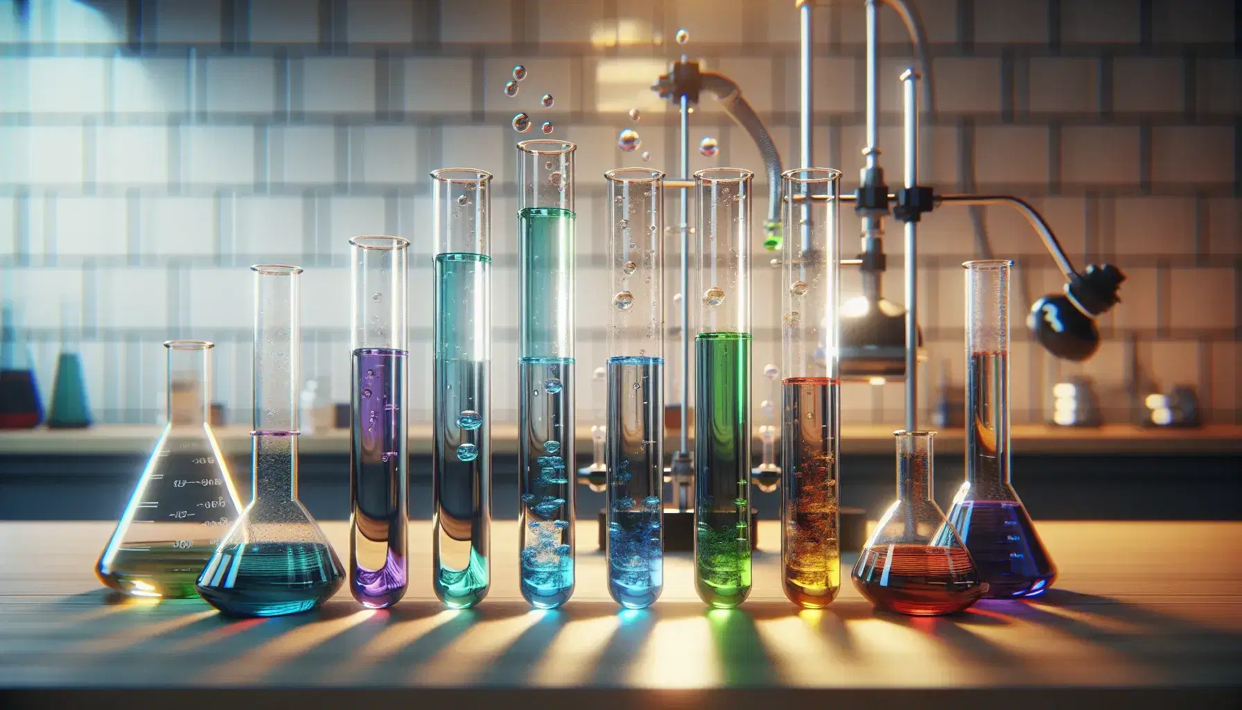 Provette in vetro trasparente con liquidi colorati in ordine crescente su banco laboratorio, riflesso luce soffusa, sfondo piastrelle bianche.
