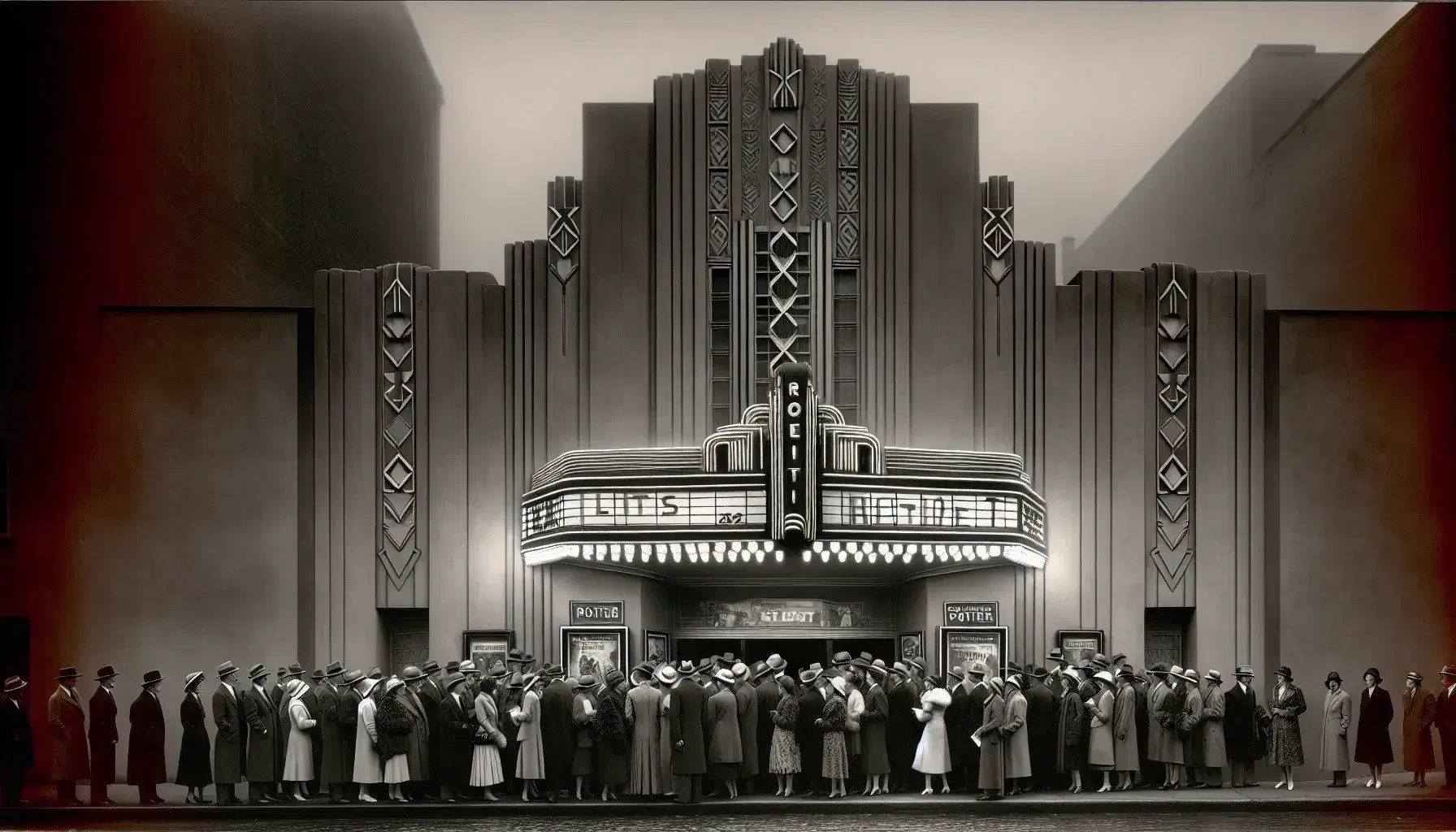 1930s Art Deco movie theater exterior with queued patrons in period attire, unlit marquee above, and obscured poster display case.