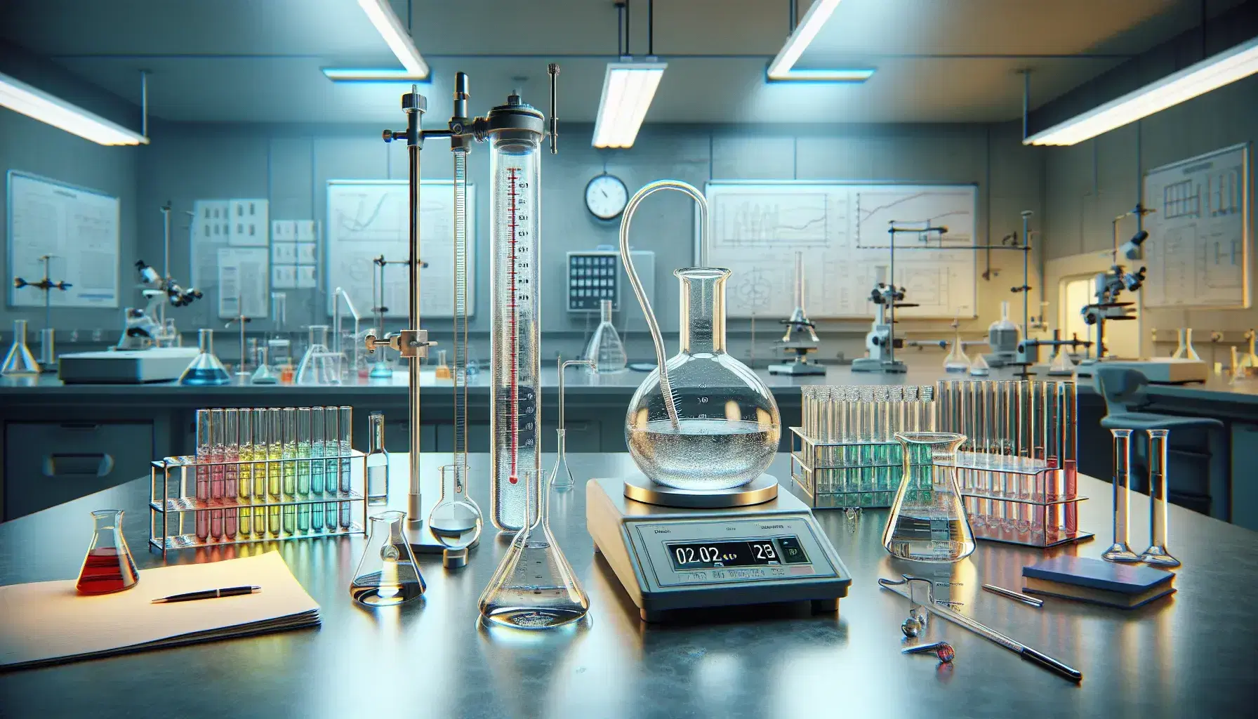 Laboratorio científico de termódinamica con termómetro, cilindro con líquido, balanza analítica y probetas con líquidos de colores bajo luz fluorescente.