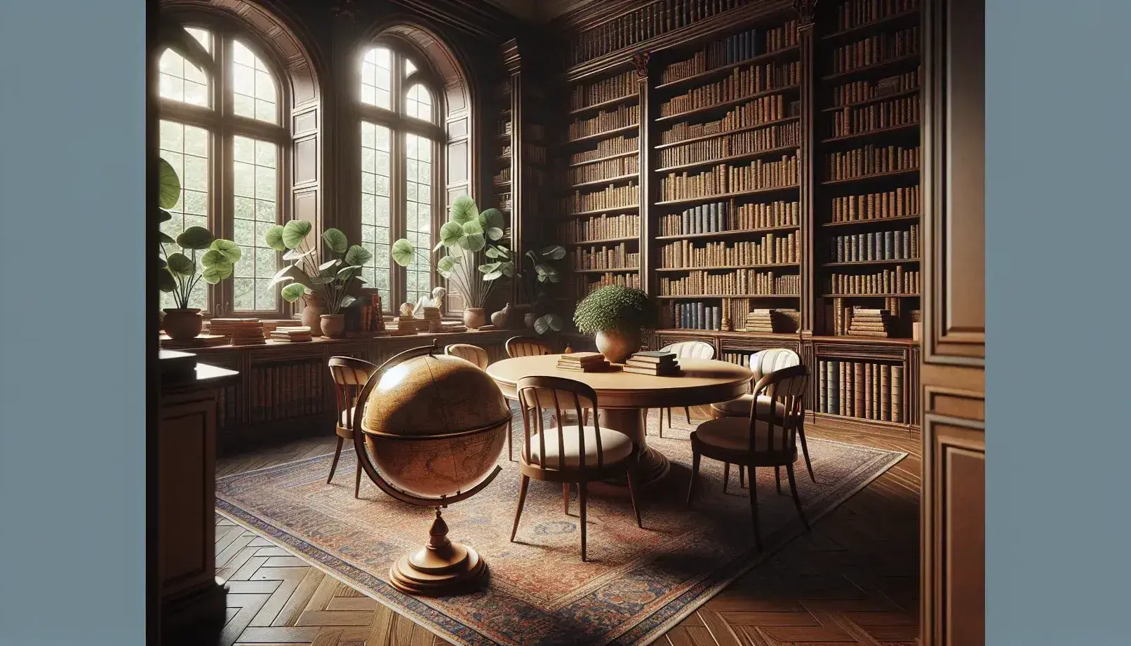 Biblioteca espaciosa con estanterías de madera oscura llenas de libros, mesa central con globo antiguo, sillas con tapizado crema y planta verde en primer plano.