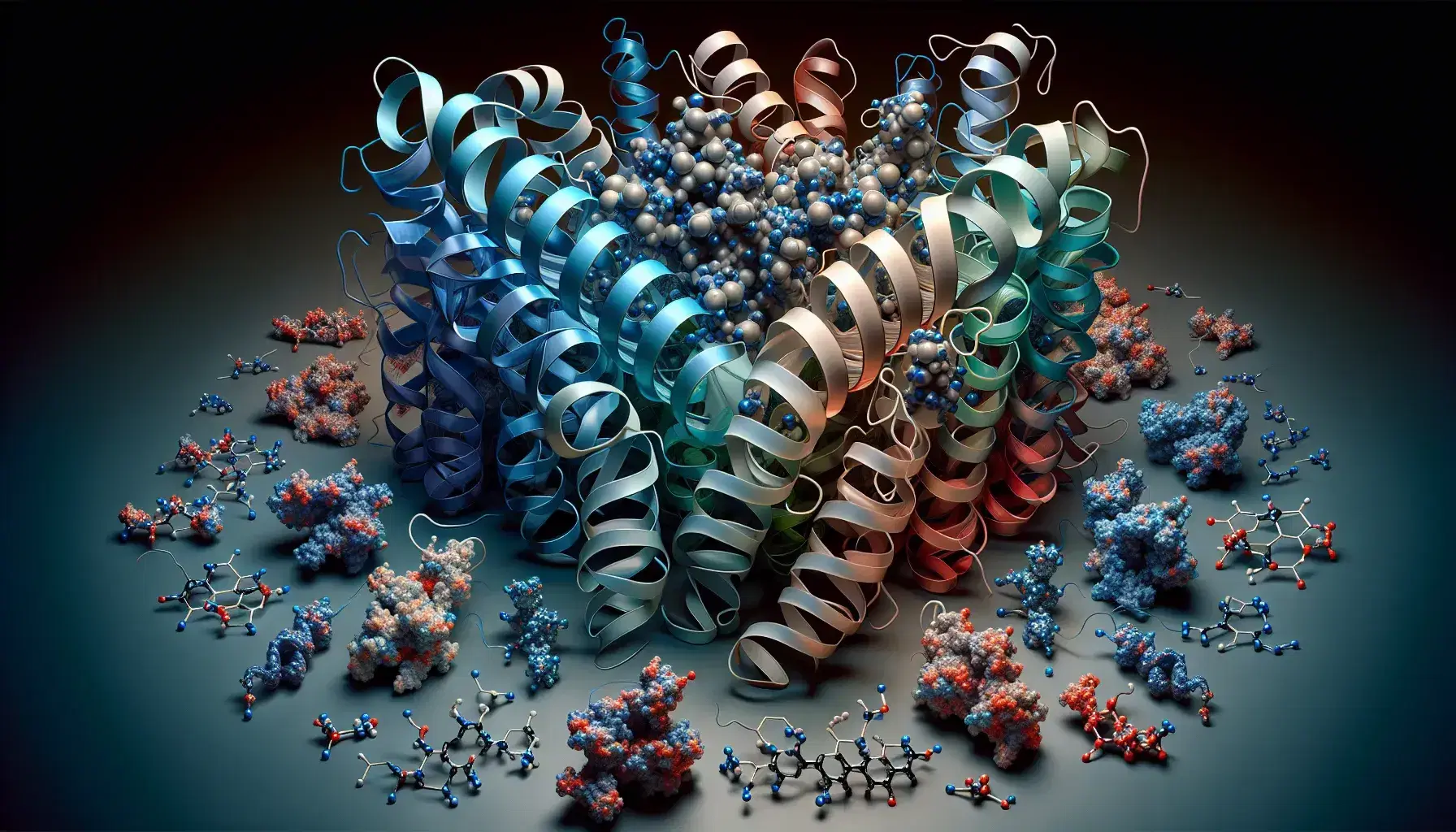 Three-dimensional ribbon model of a protein structure with alpha-helices and beta-sheets, colored in a blue to red gradient, surrounded by amino acids.