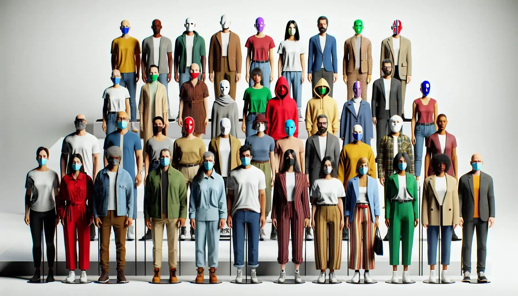 Grupo diverso de personas en semi-círculo con máscaras de colores neutros en primer plano, fondo claro y luz difusa.