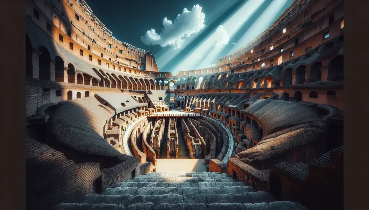 Vista interna del Colosseo con archi sovrapposti in pietra ocra, gradinate in pietra grigia e cielo azzurro intenso.
