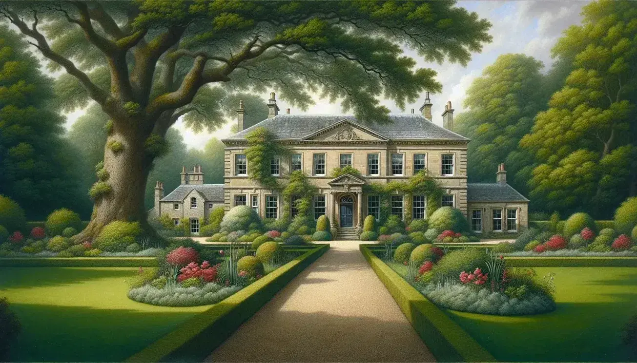 Elegant Georgian manor house with symmetrical sash windows and a decorative pediment, surrounded by manicured lawns, hedges, and a vintage black car.