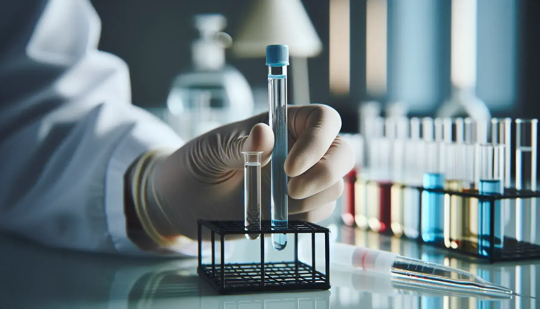 Mano con guante sosteniendo tubo de ensayo con líquido azul claro en laboratorio, con tubos de colores y pipetas al fondo.
