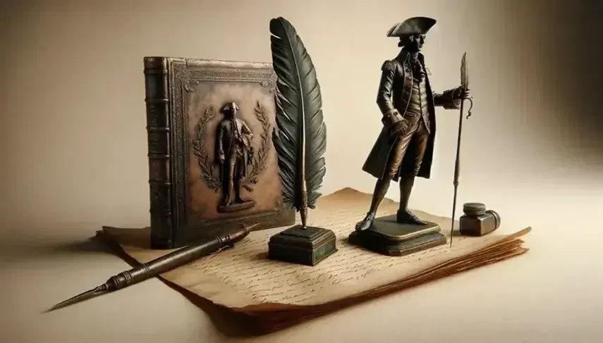 Historical artifacts including a miniature 18th-century French diplomat bronze statue, an antique quill pen on a leather-bound document, and a tarnished brass telescope.