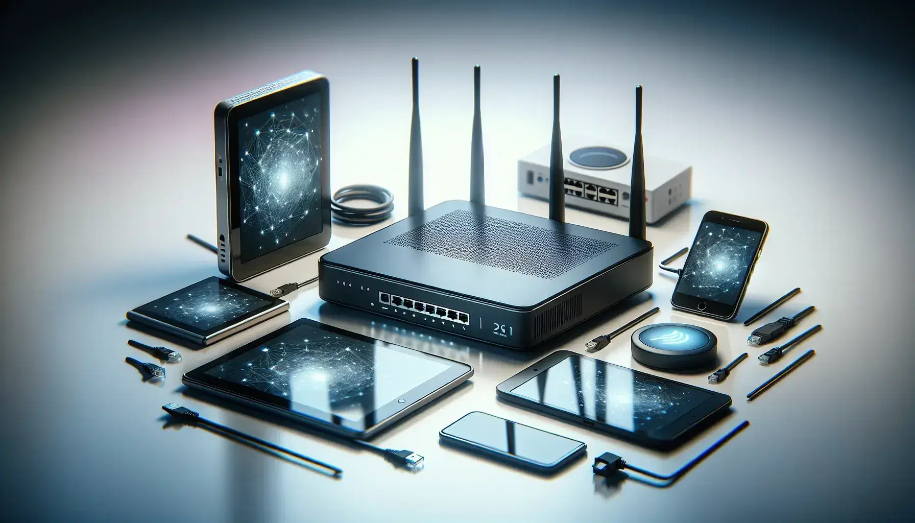 Router moderno nero con antenne, laptop collegato via cavo Ethernet, tablet, smartphone e dispositivo IoT su superficie chiara con sfondo di piante.