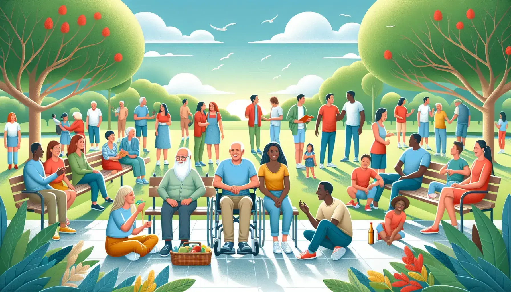 Grupo diverso disfrutando de un día soleado en un parque, con hombre en silla de ruedas, niño con juguete, anciana en banco y jóvenes conversando, rodeados de árboles y flores.