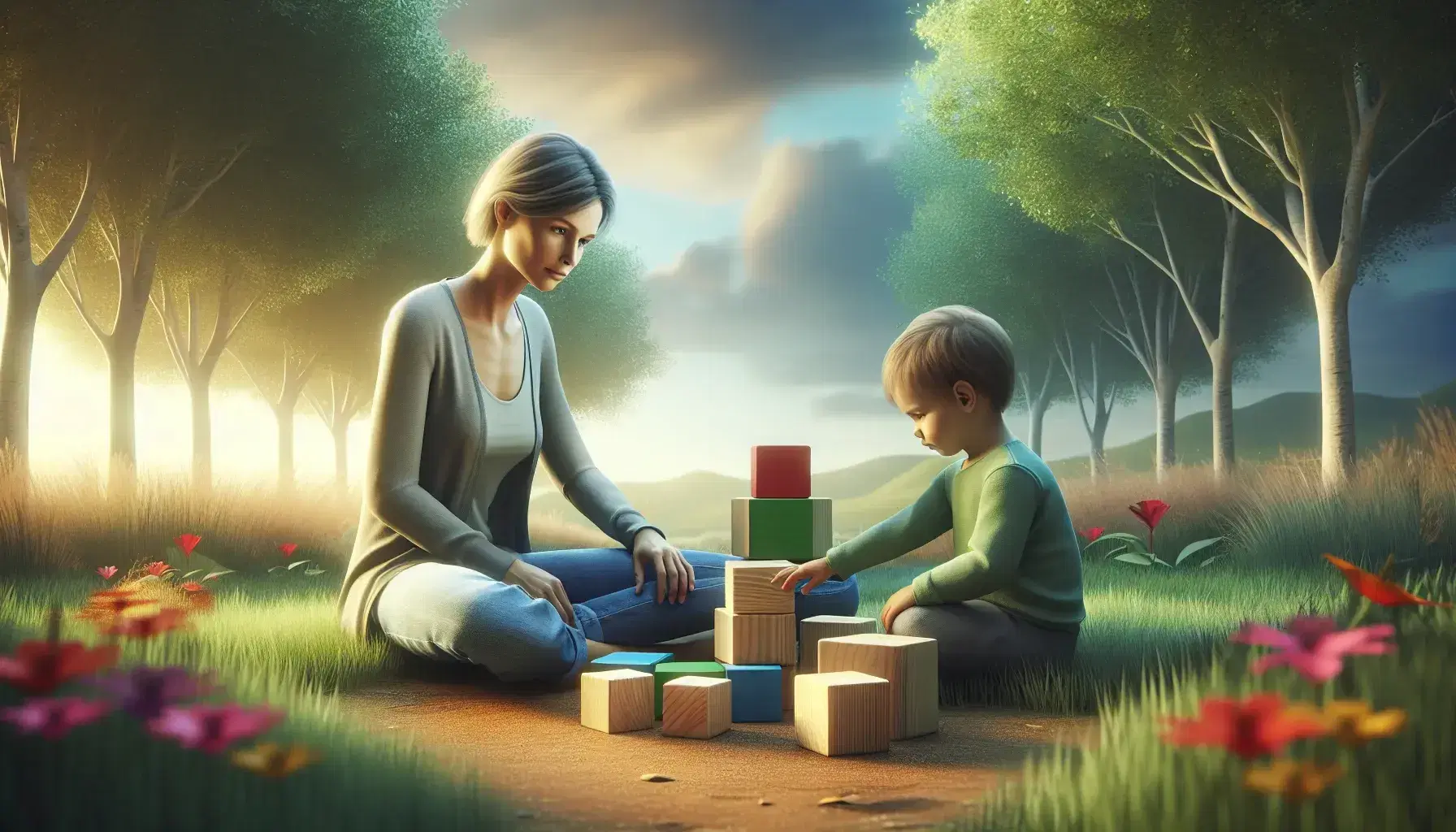 Assistant and child play with colorful wooden blocks in a quiet park, sitting on the green grass on a clear cloudless day.