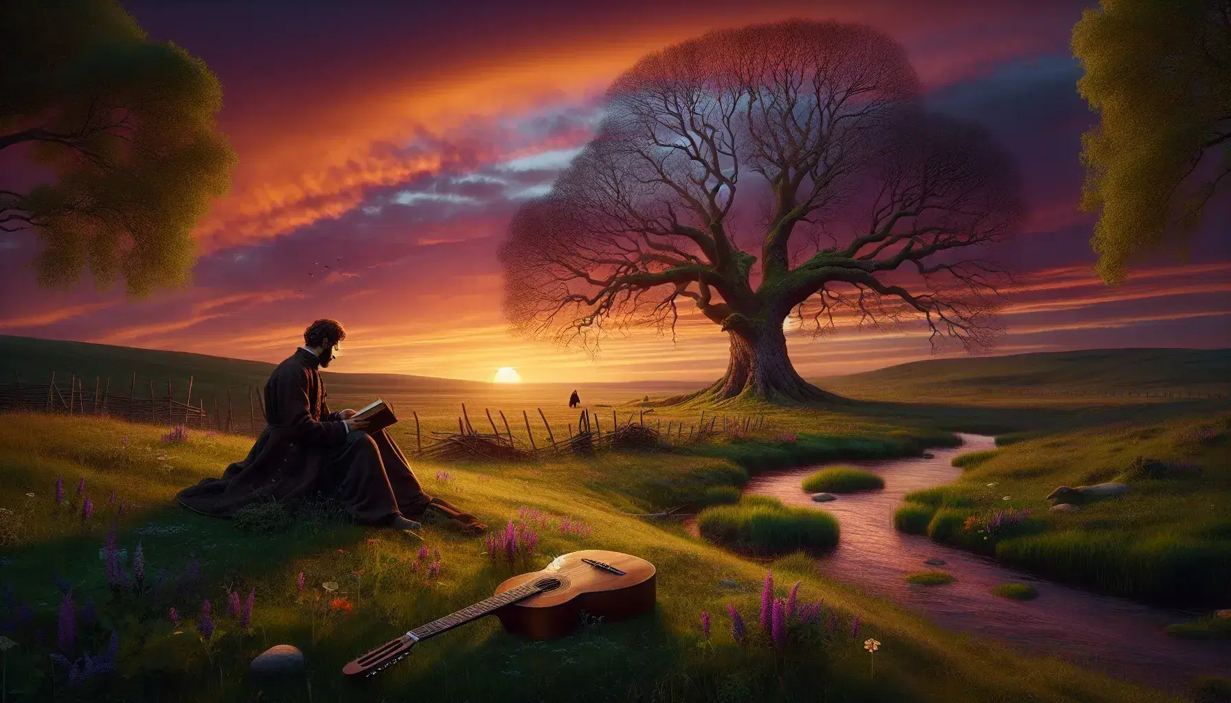 Tramonto dai colori caldi con albero spoglio e figura umana che legge sotto di esso, chitarra classica a terra e ruscello in un prato fiorito.