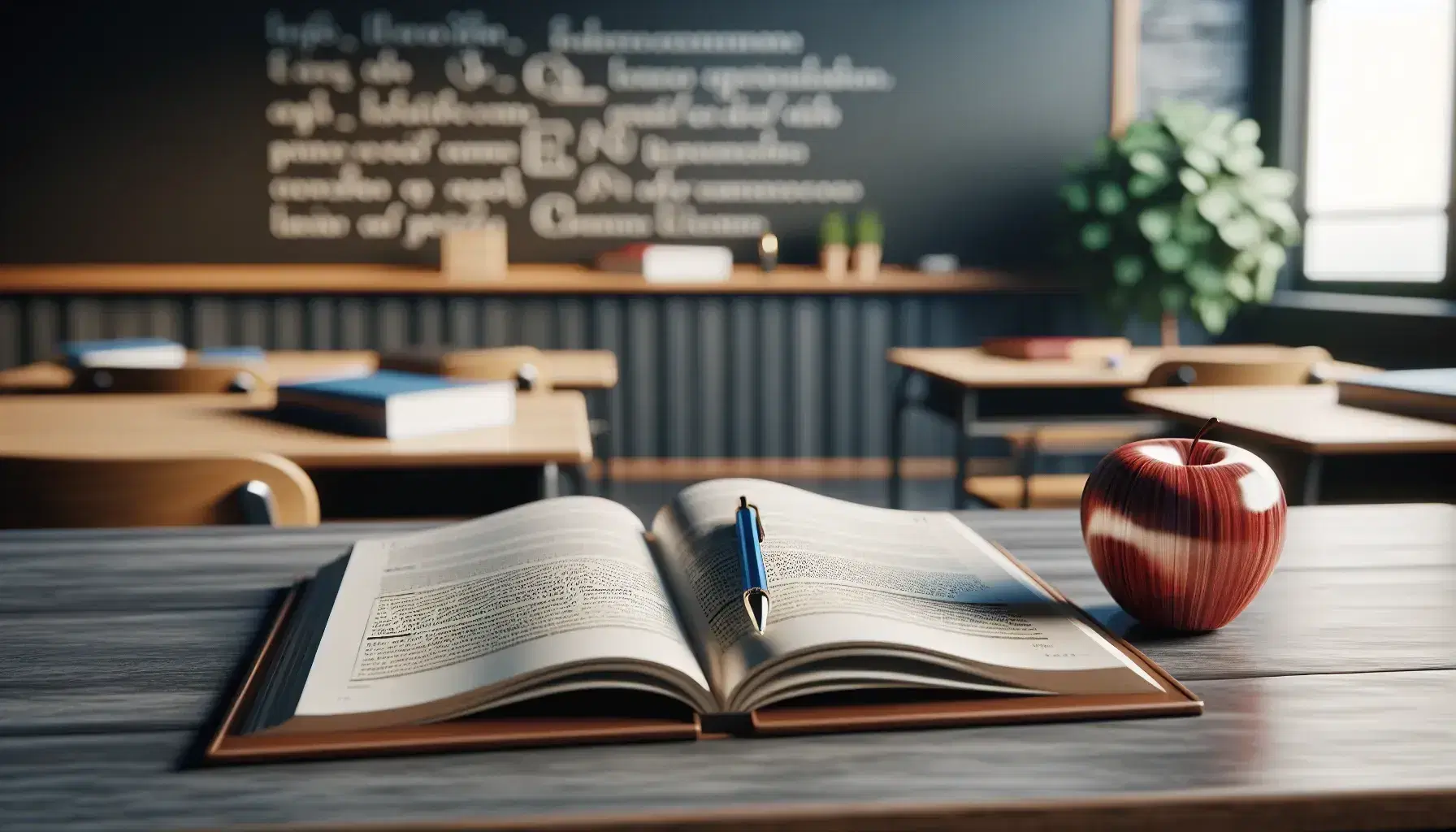 Classroom with an open textbook on a desk, a blue pen, a teacher's desk with a red apple, a potted plant, and a clean chalkboard.