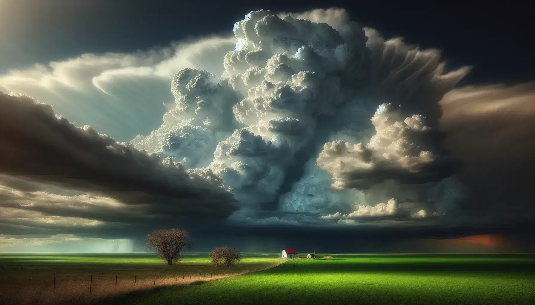 Paesaggio aperto con prato verde, casa con tetto rosso e albero spoglio, nuvole di tempesta cumulonimbus dominanti e uccelli in volo.
