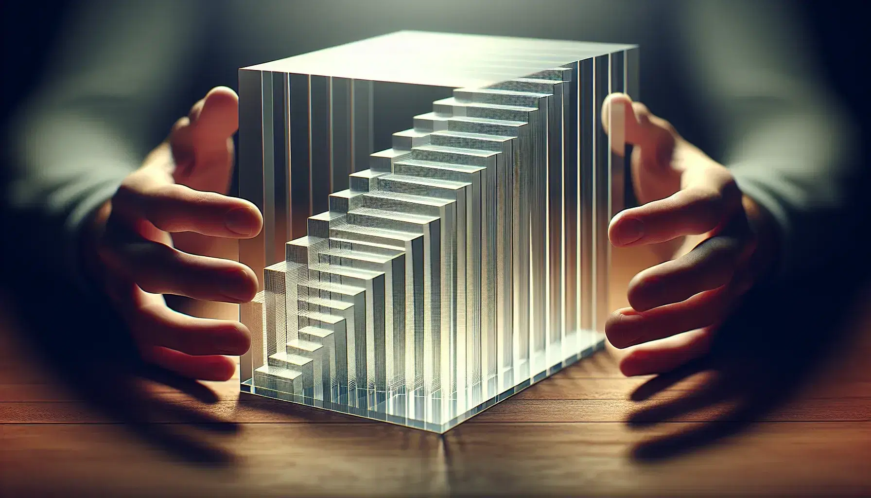 Hands holding a clear acrylic block with a 3D bar graph staircase inside, on a polished wooden table reflecting soft light.