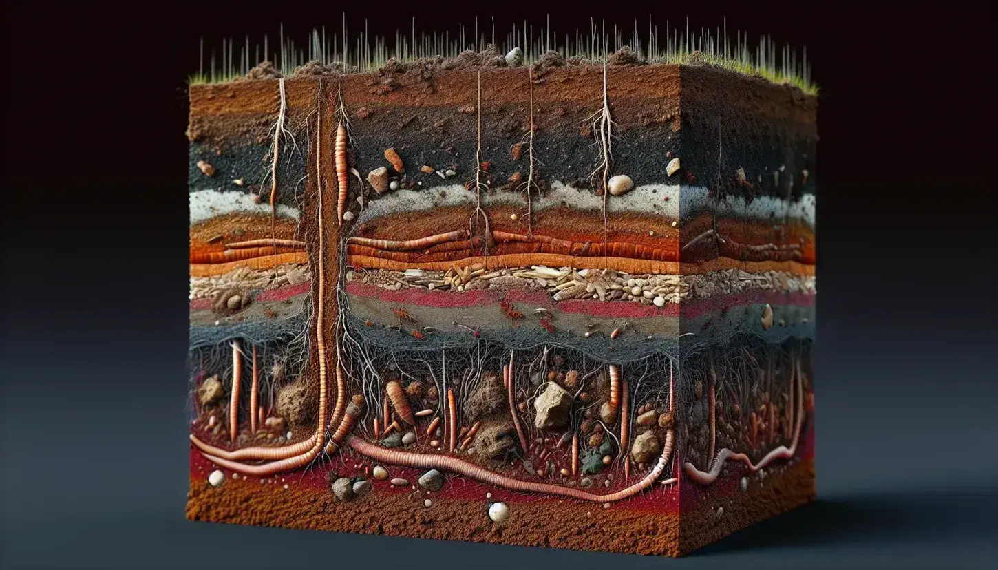 Sezione trasversale di suolo fertile con strati di humus, terra rossastra, radici sottili, lombrichi e insetti, senza elementi artificiali.