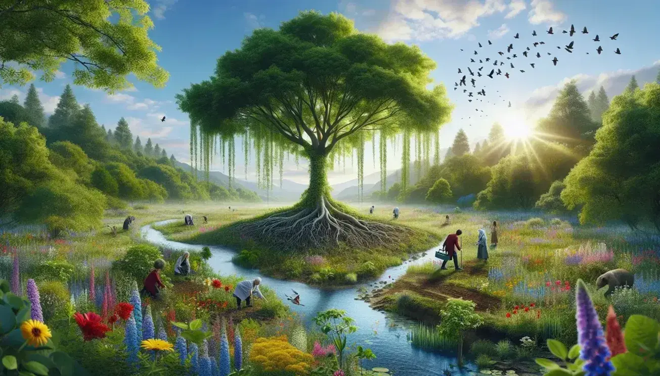 Paesaggio naturale con albero rigoglioso, prato fiorito, corso d'acqua, stormo di uccelli in volo e persone che piantano alberelli.
