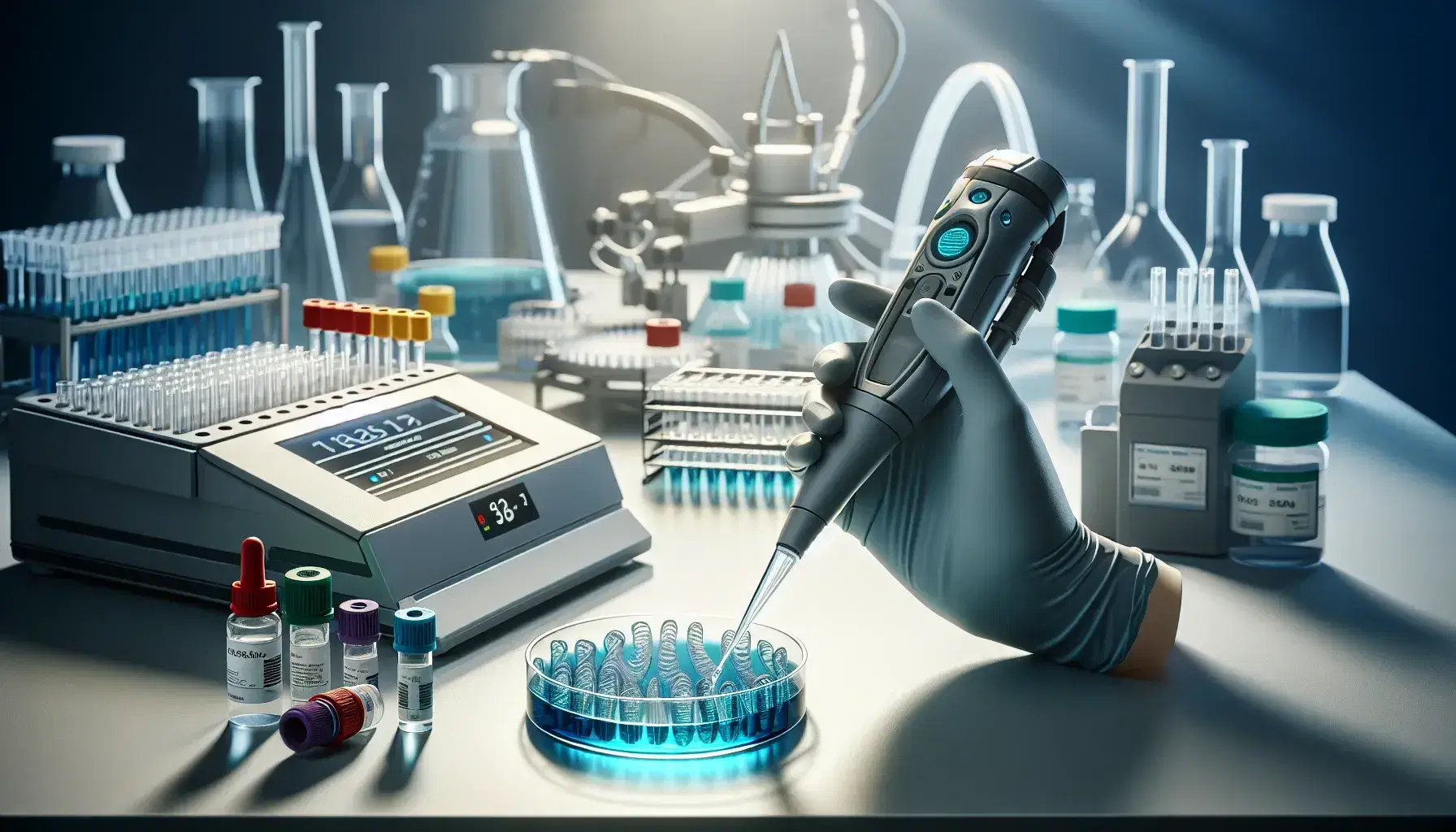 Mano guantata che utilizza una pipetta elettronica per prelevare liquido blu da un microtubo in laboratorio, con sfondo di strumenti scientifici.