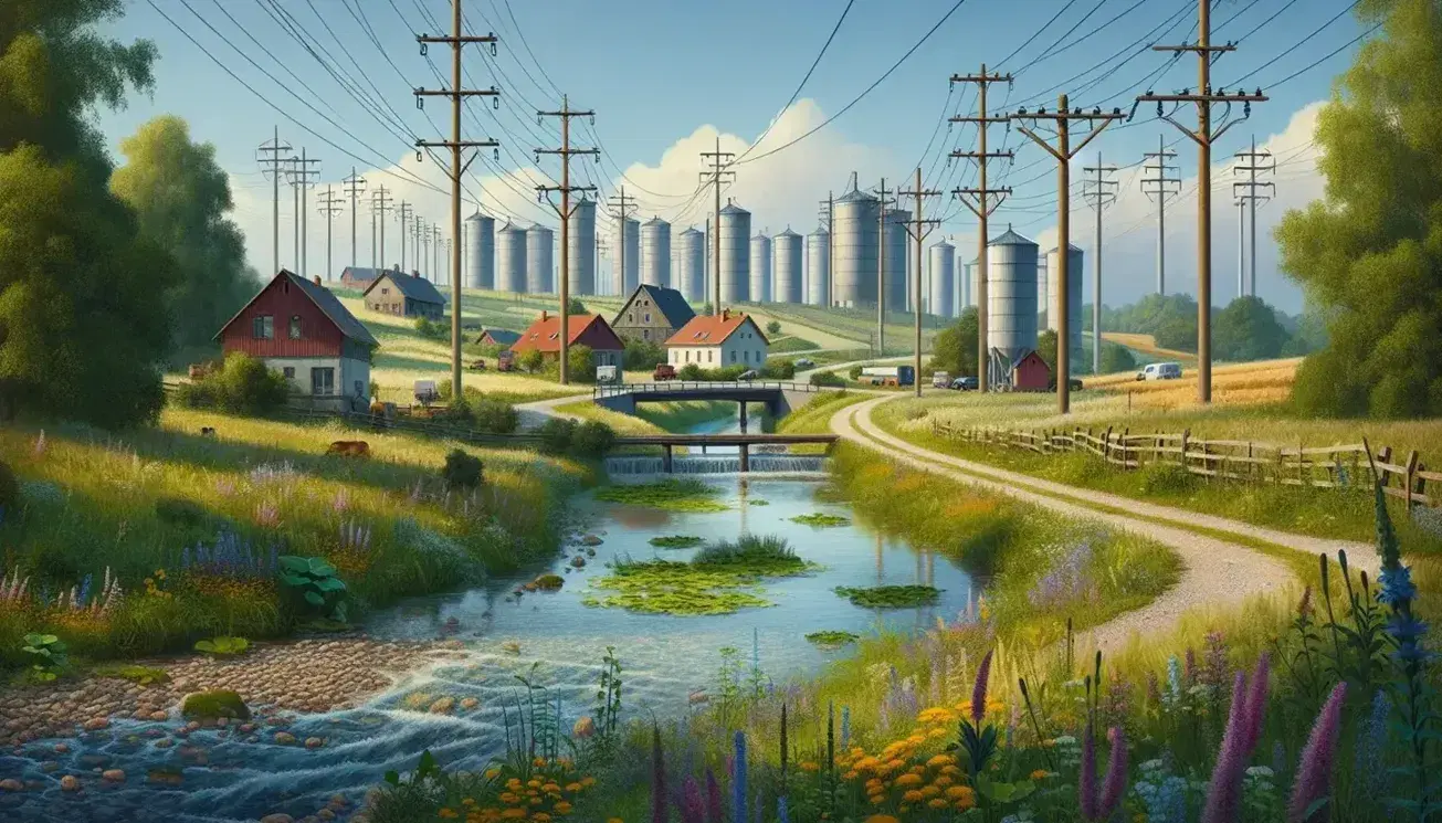 Rural landscape with gravel road, electrical poles, concrete bridge over stream, red-roofed farmhouses, grain silos, wind turbine, and grazing cows.