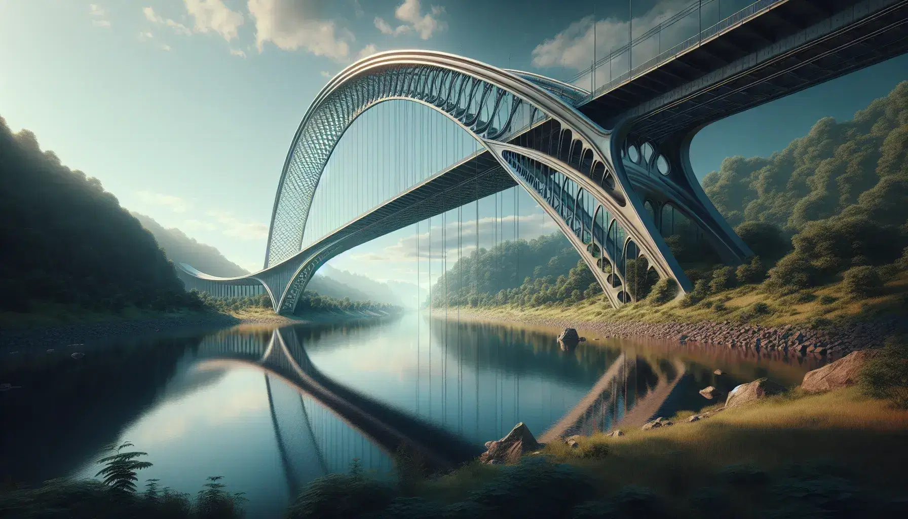 Ponte sospeso con struttura parabolica su fiume, cavi a parabola, cielo azzurro con nuvole sparse e vegetazione verde sulle rive.
