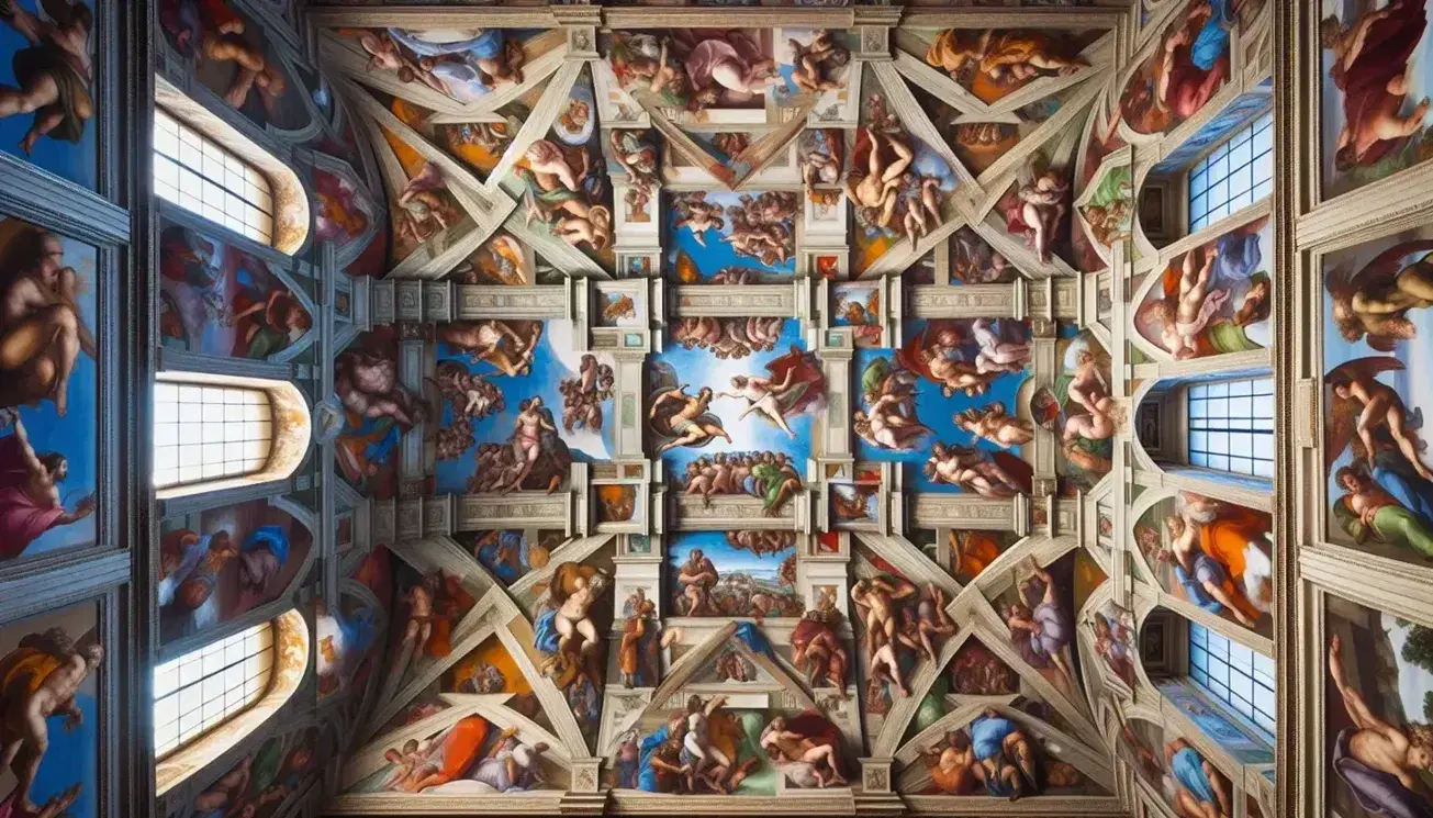 Affresco del soffitto della Cappella Sistina con figure umane in pose varie, colori vivaci e dettagli architettonici illusionistici.