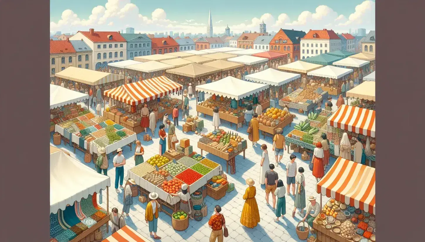 Mercado al aire libre con puestos de madera y techos de lona roja y blanca vendiendo frutas, verduras y artesanías, con gente diversa paseando en un día soleado.