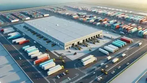 Vista aérea de centro de distribución logístico con almacén grande, camiones en muelles de carga, montacargas amarillos y contenedores apilados.