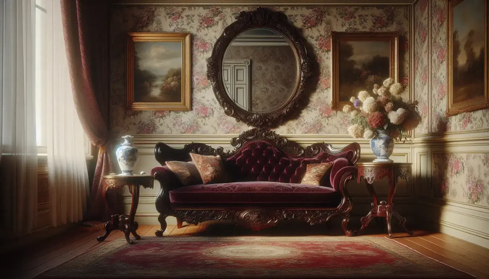 Soggiorno d'epoca con divano vittoriano in velluto rosso, specchio ovale incorniciato in oro, donna in abito storico e vaso con fiori appassiti.