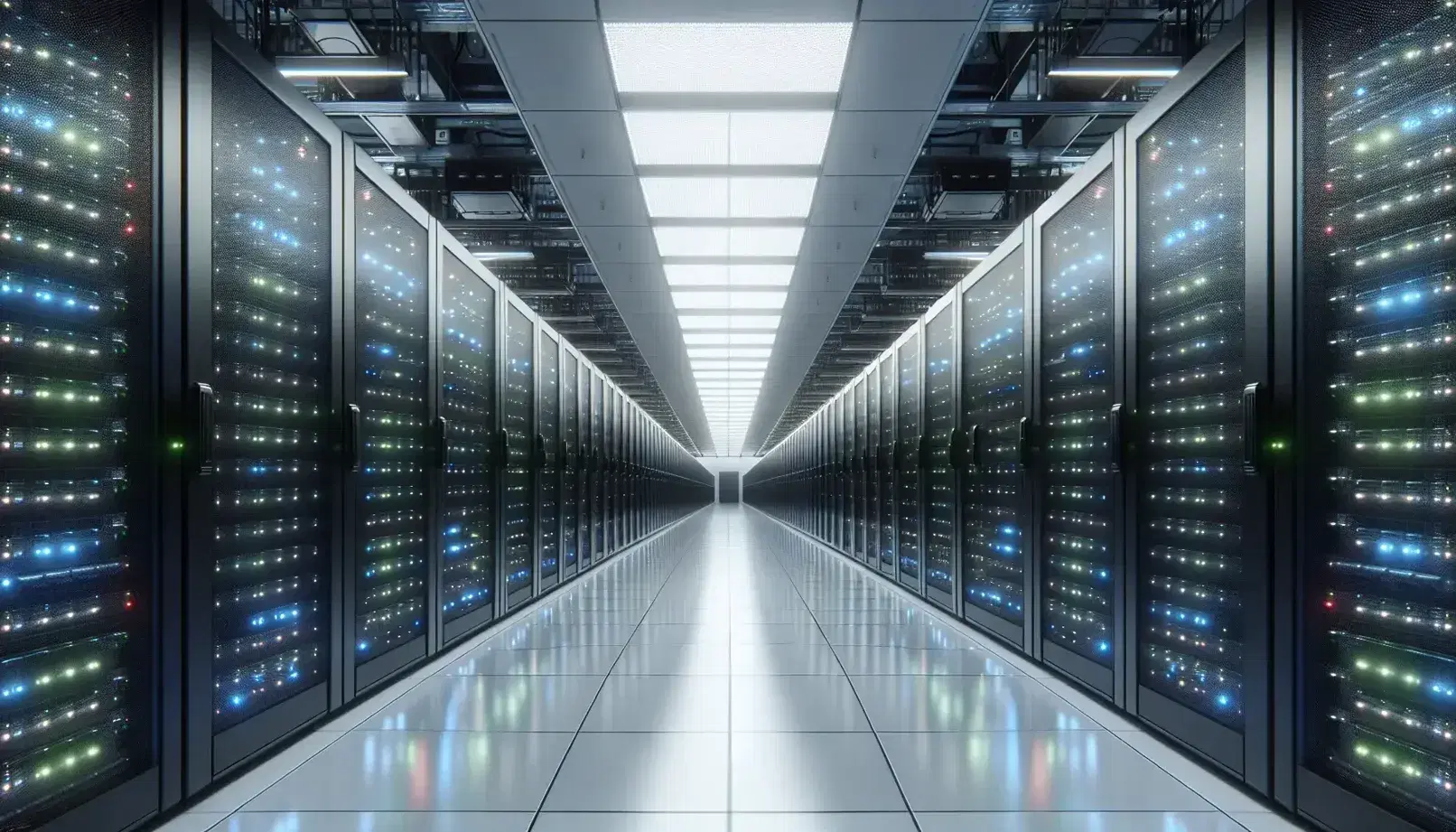 Vast data center with rows of black server racks and flashing LED lights, glossy white floor and grid ceiling with lighting.