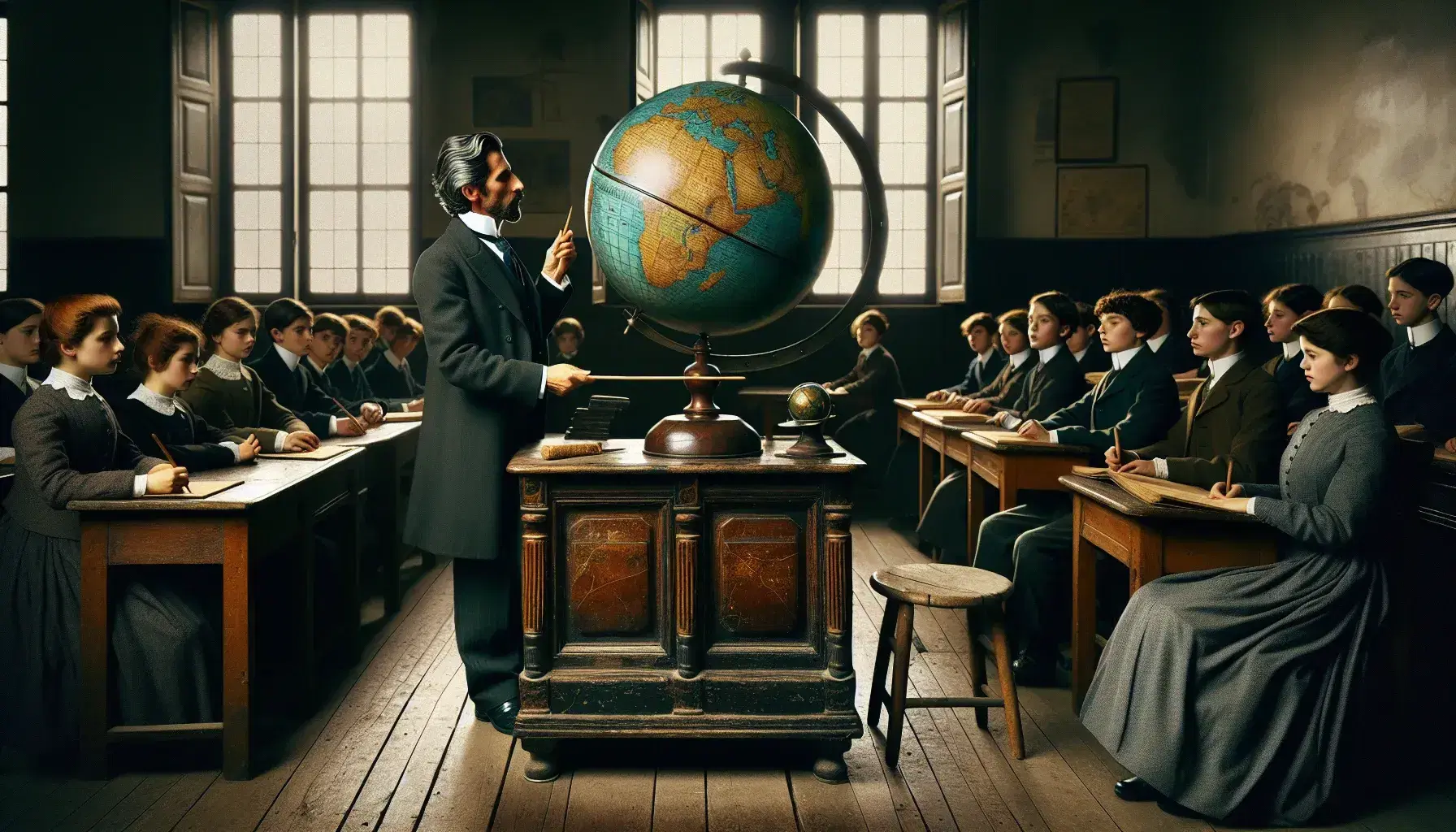 Scena d'epoca in aula italiana post-unitaria con insegnante in abito scuro dietro scrivania e studenti attenti seduti su sedie di legno.