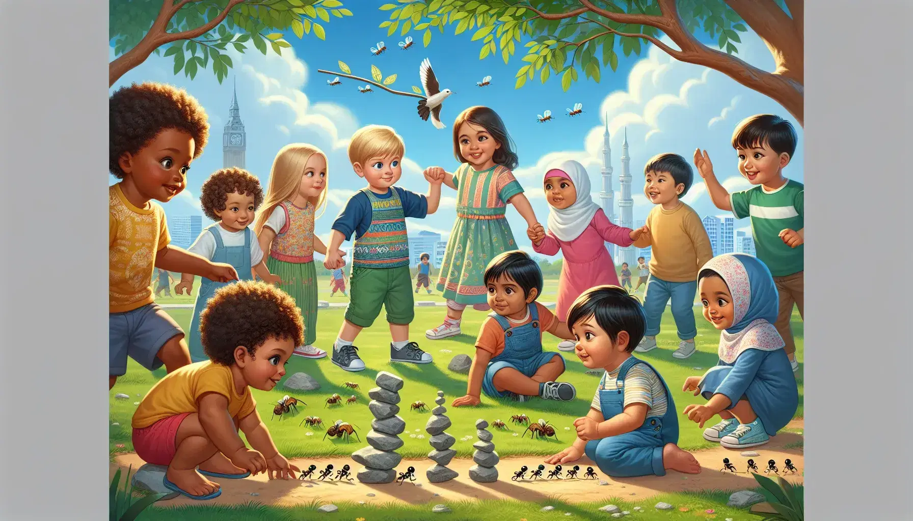 Multicultural group of children in a park exploring and playing: curiosity, learning, playing and reasoning in a lively environment.