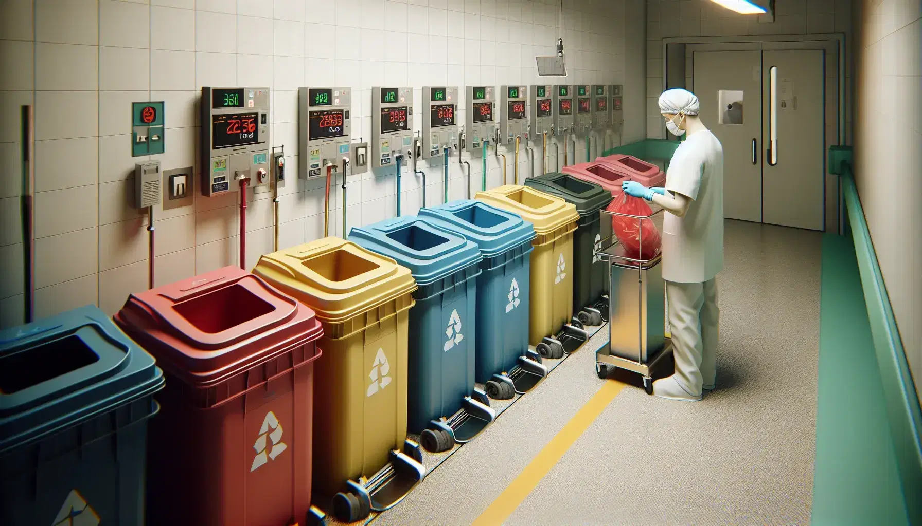Gestión de residuos en hospital con contenedores de colores rojo, amarillo, azul y negro, y trabajadores sanitarios clasificando desechos.