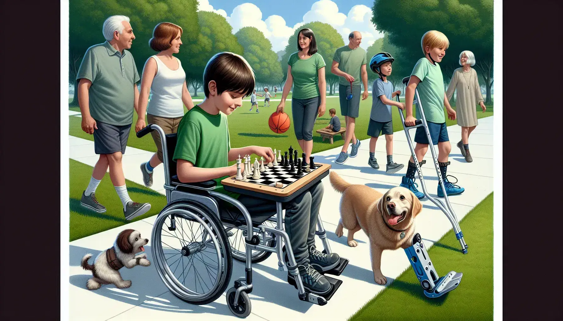 Ragazzo in sedia a rotelle gioca a scacchi in parco, donna con stampelle e bambino con casco vicino a cane con frisbee.